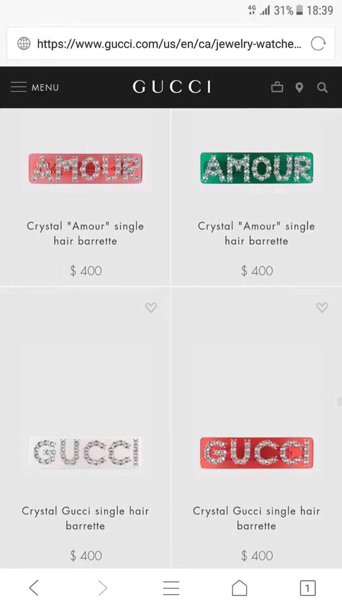 Gucci Crystal 'Amour' Single Hair Barrette
